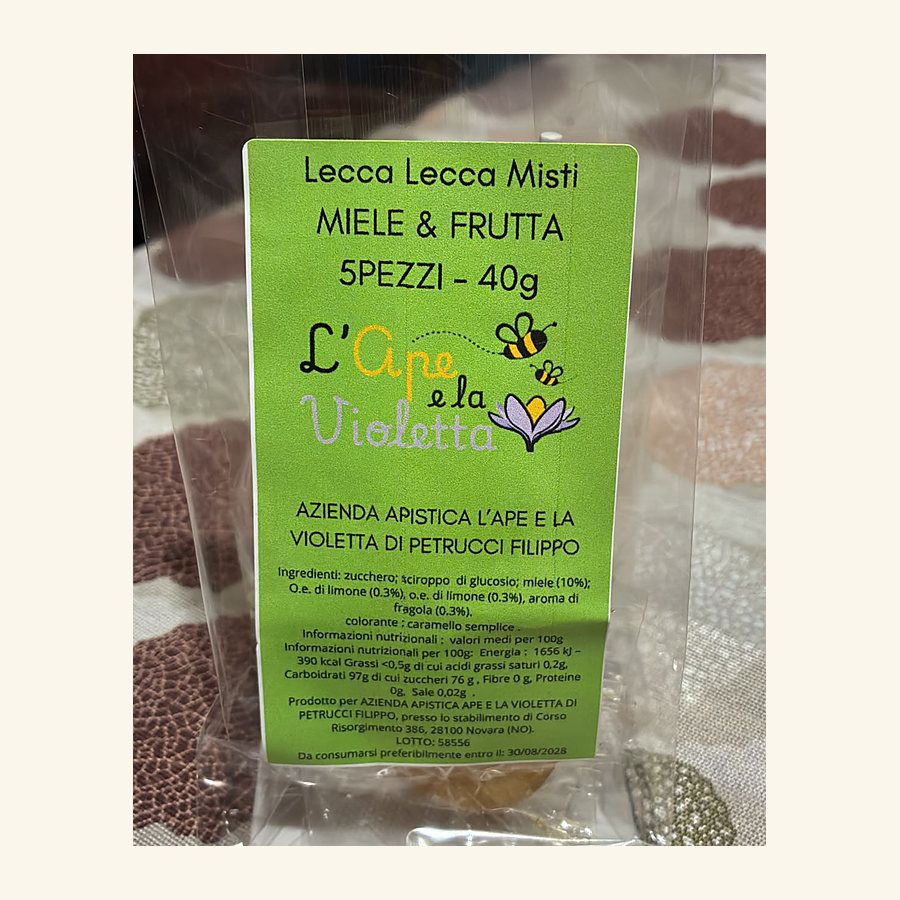 Sacchetto di cinque lecca lecca al miele e frutta da 40 grammi