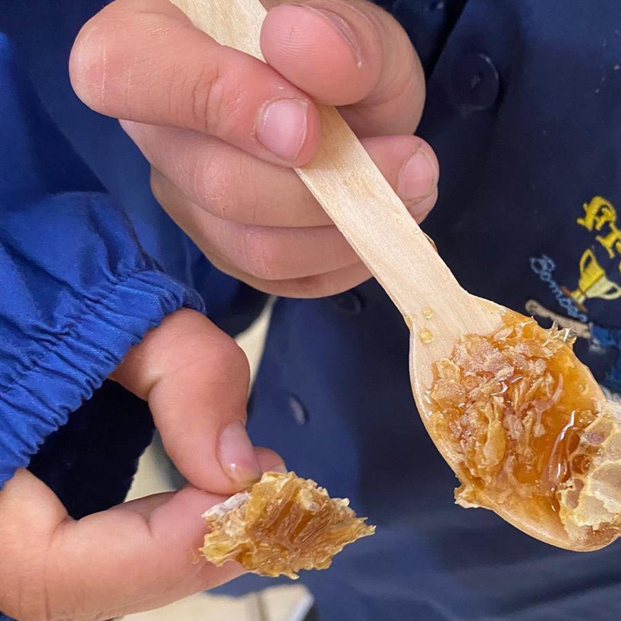 Le mani di un bambino con un cucchiaino di legno pieno di miele in favo
